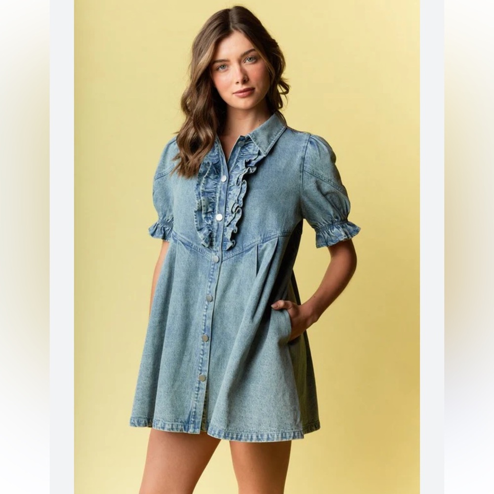 Rareraw Puffy Sleeve Ruffle Button Front Denim Dress Size Small New
